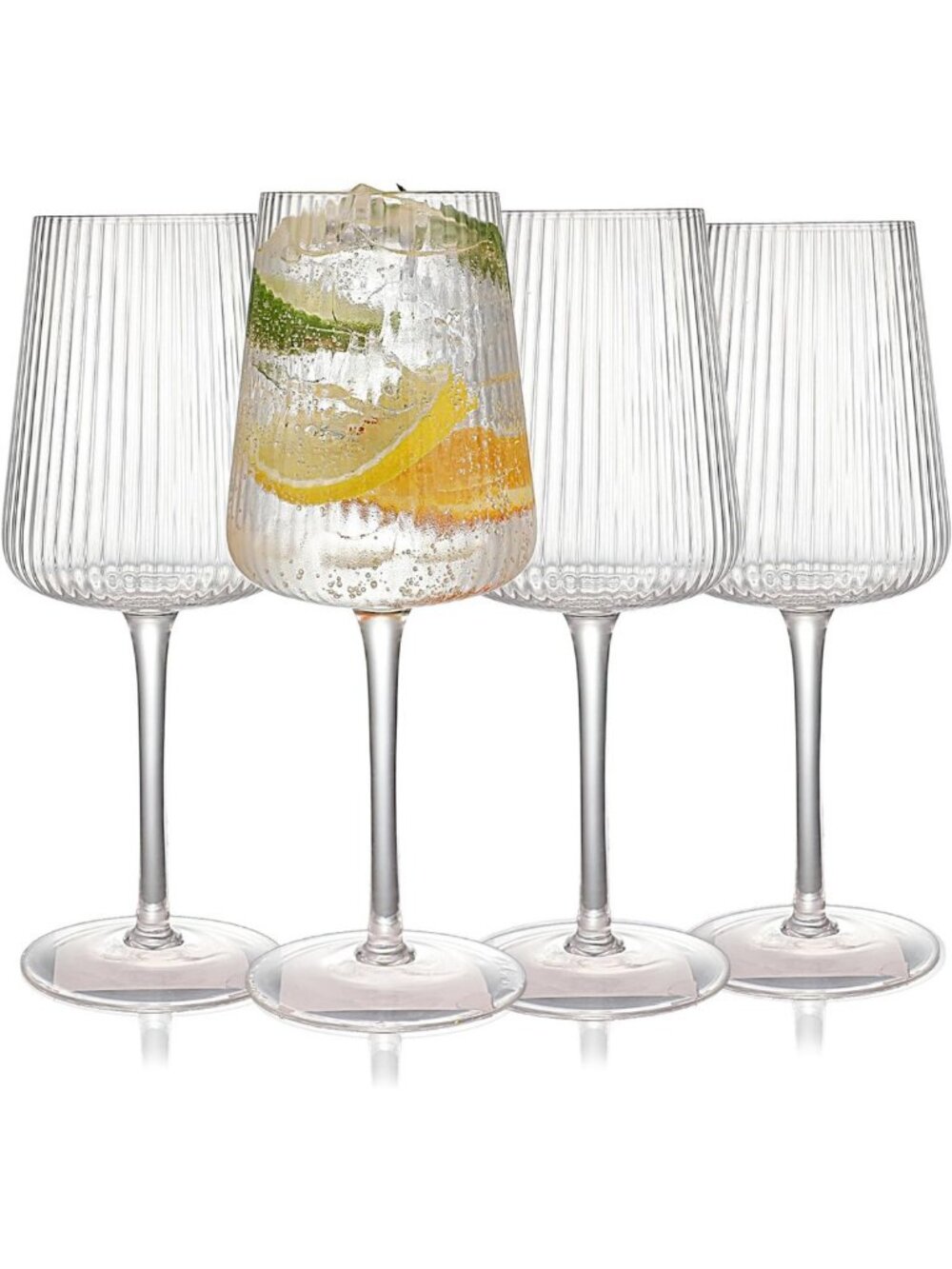 Set of 4 Hand Blown Ribbed Wine Glasses - Lead-Free Crystal, Luxury Gift, 18oz